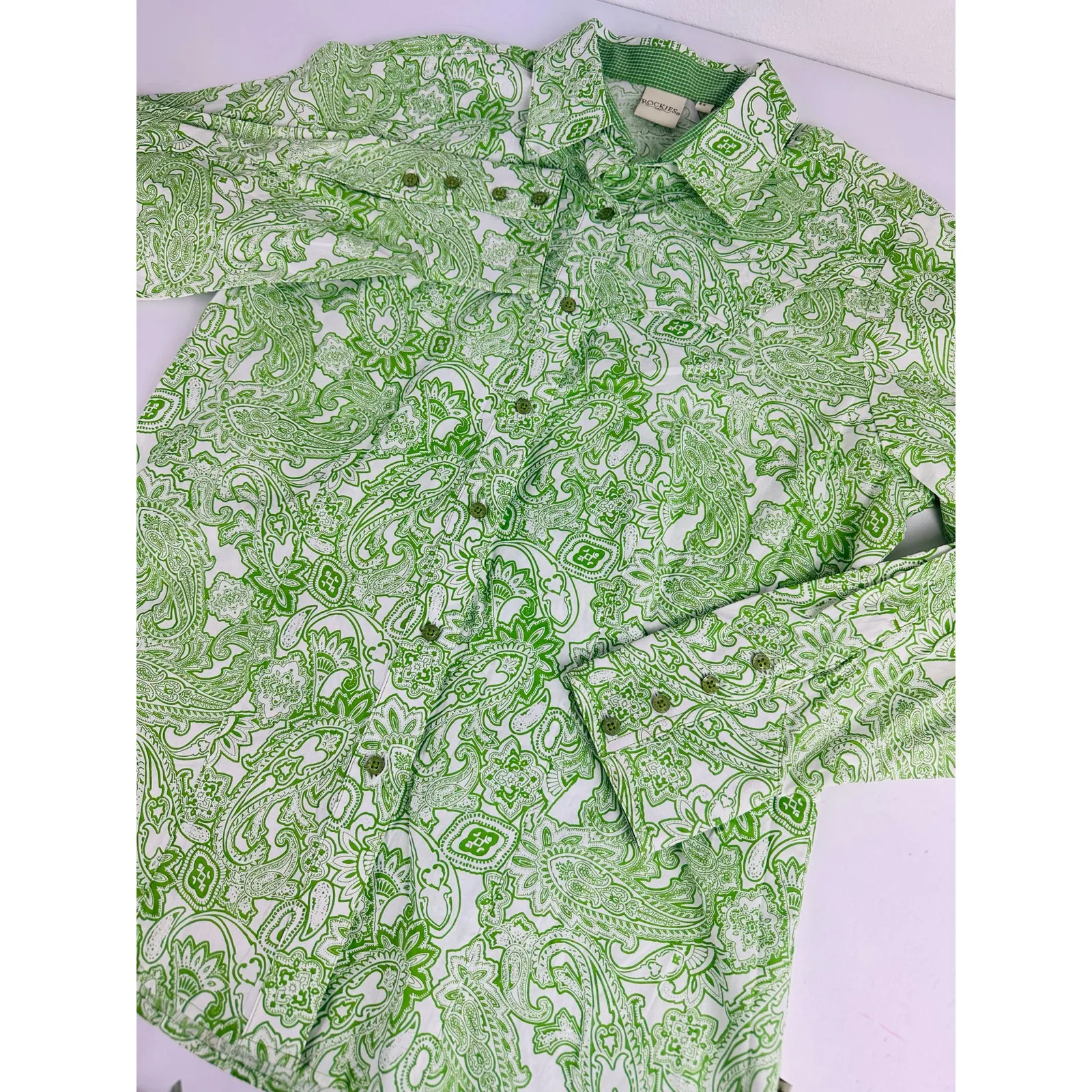 Vintage Rockies Size Large Green Paisley Western Button Up Down Shirt Women's - Image 2
