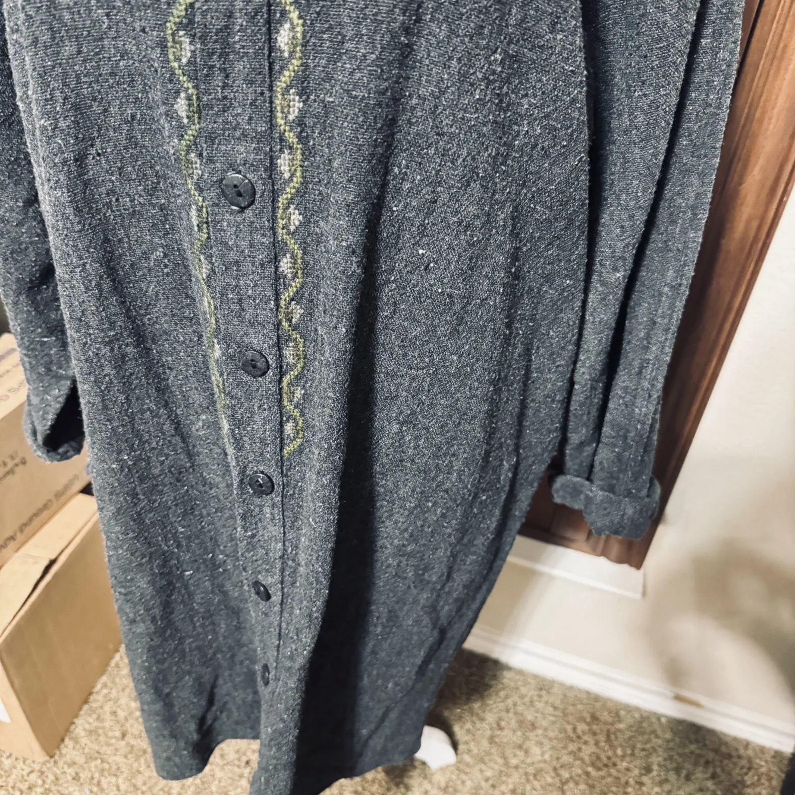 Vtg ALEJANDRO JULIAN Shirt Dress Charcoal Grey Lagenlook Rustic sz M cotton Gray Size M - Image 4