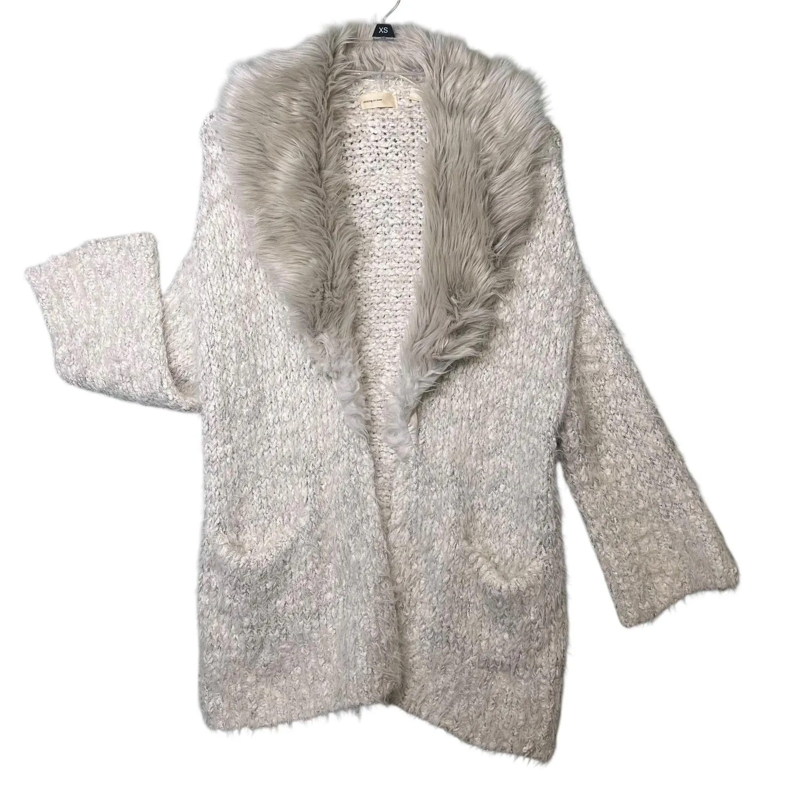 Sleeping on Snow Sweater Womens XS Beige Faux Fur Collar Open Cardigan Bohemian - Image 2