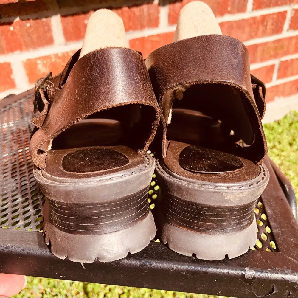 90s woven dark brown leather open toe block chunk heel sandals 12M Size 12 - Image 4