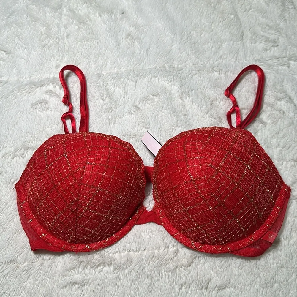 Victoria’s Secret Push Up Lined Demi Lace Bra Red Gold Metallic Size 32 D NEW - Image 3