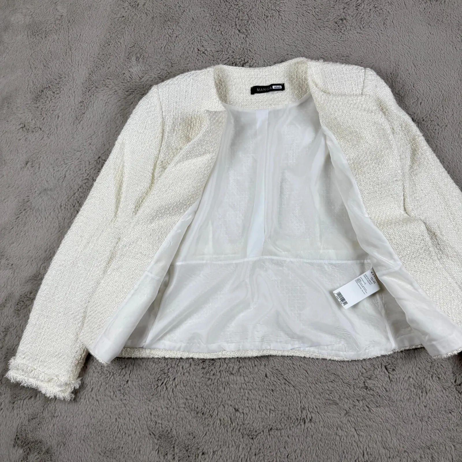 Mangano Tweed‎ Jacket Frayed Edges Open Front Blazer Off White XS Made in Italy - Image 7