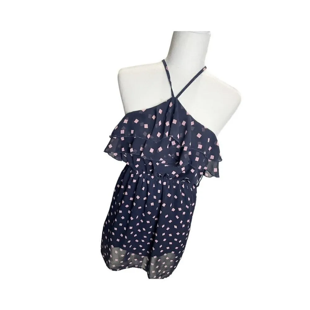 Ya Los Angeles Navy Blue Pink Geometric Ruffle Halter Sundress Size S Chiffon - Image 2