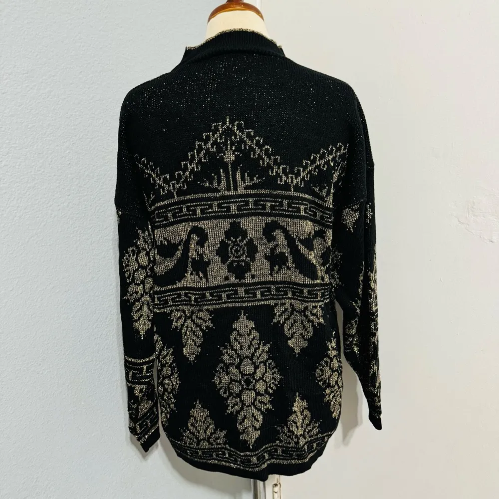Arielle Women Vintage Black & Gold Glitter Crewneck Sweater Ornate Pattern Sz M Size M - Image 6