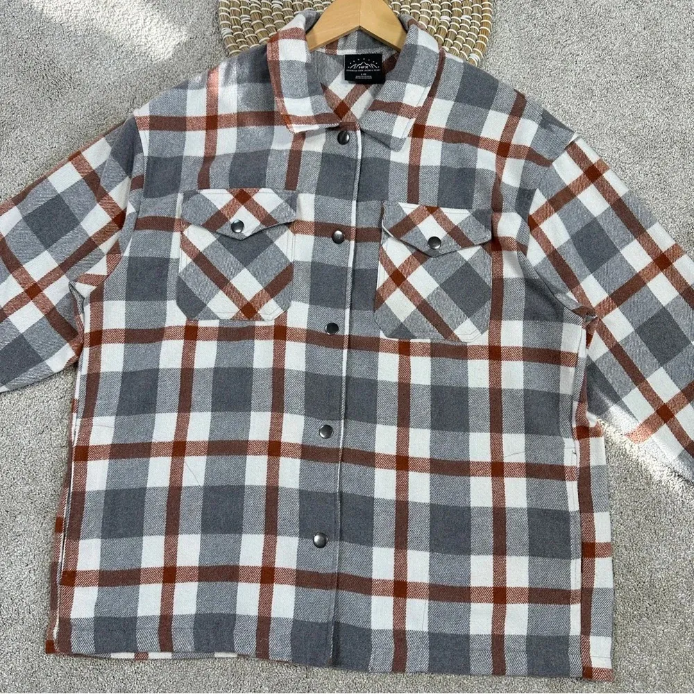 HFX Wool Blend Flannel Plaid Shacket Jacket Western Relaxed Fit Gray/Brown L Gray Size L - Image 16