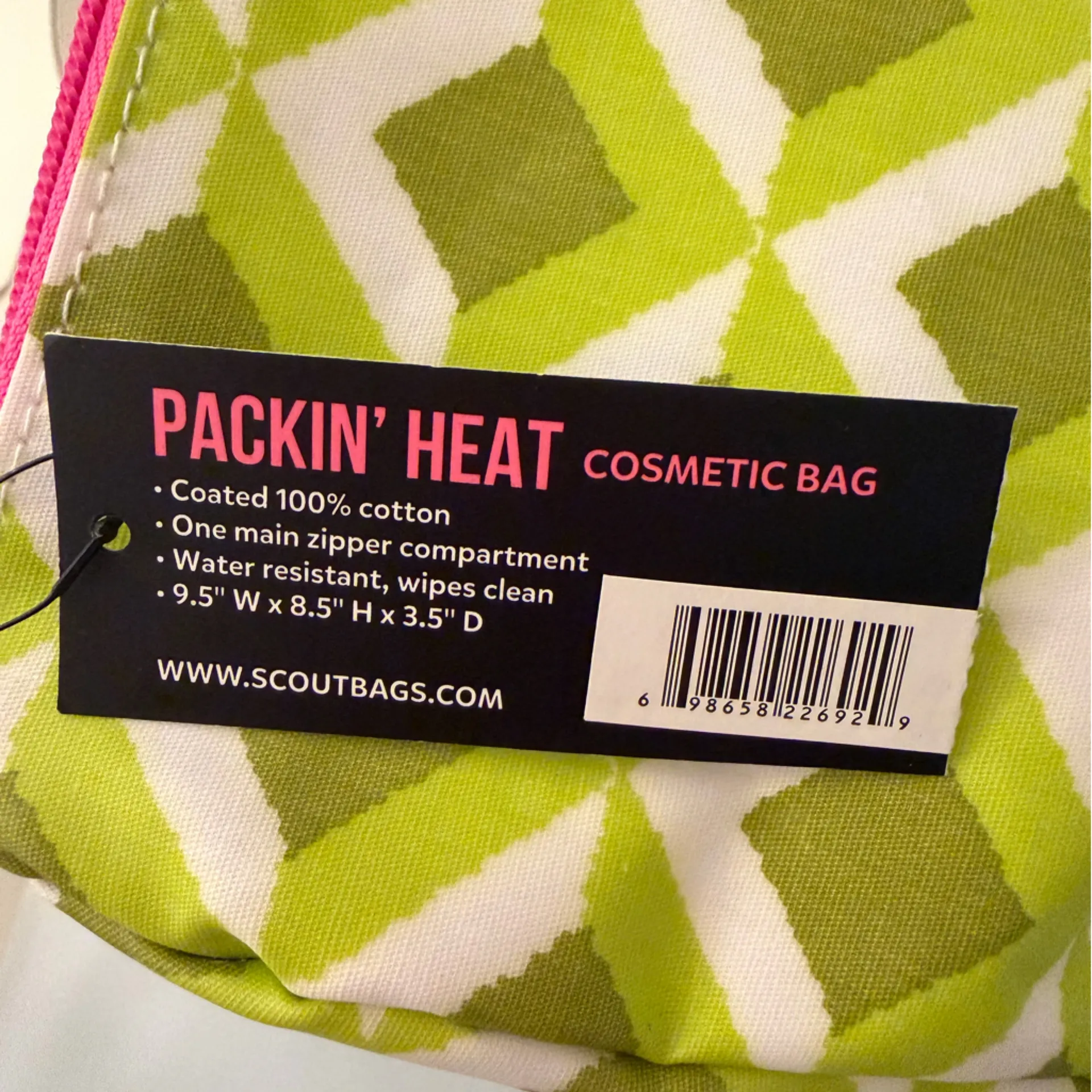 Scout Packin’ Heat Cosmetic Makeup Bag Green Geometric Pink Zip - Image 4