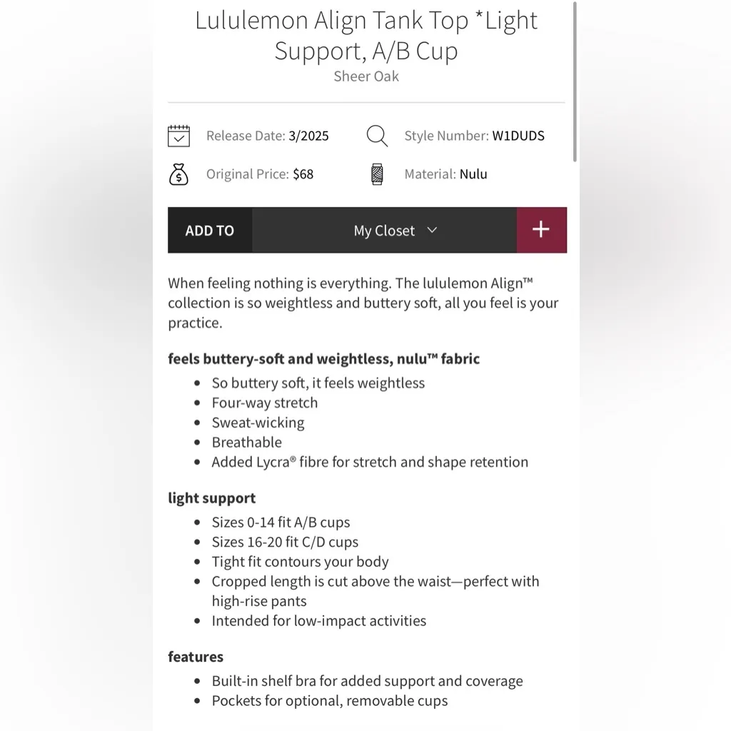 Lululemon NWT Align Tank Top Sheer Oak Size 4 - Image 5