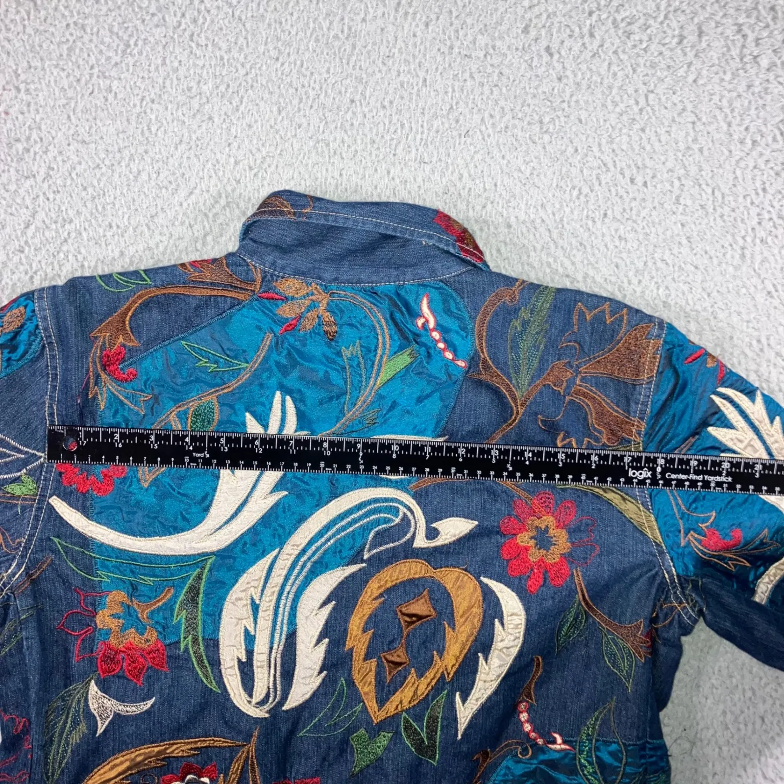Vintage Chicos Denim Embroidered Floral Jacket Women 2 Blue Quilted Lined Zip Up - Image 7