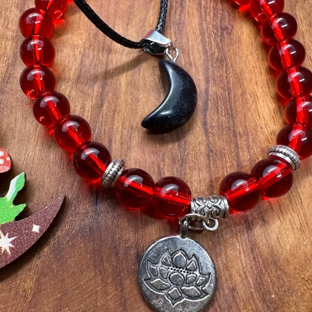 Red Beaded Bracelet and Moon Earrings Set - Image 2