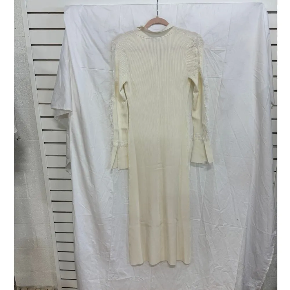 Nonchalant Label Willow Fringe Trim Knit Bodycon Midi Dress Ivory Women XS White - Image 5