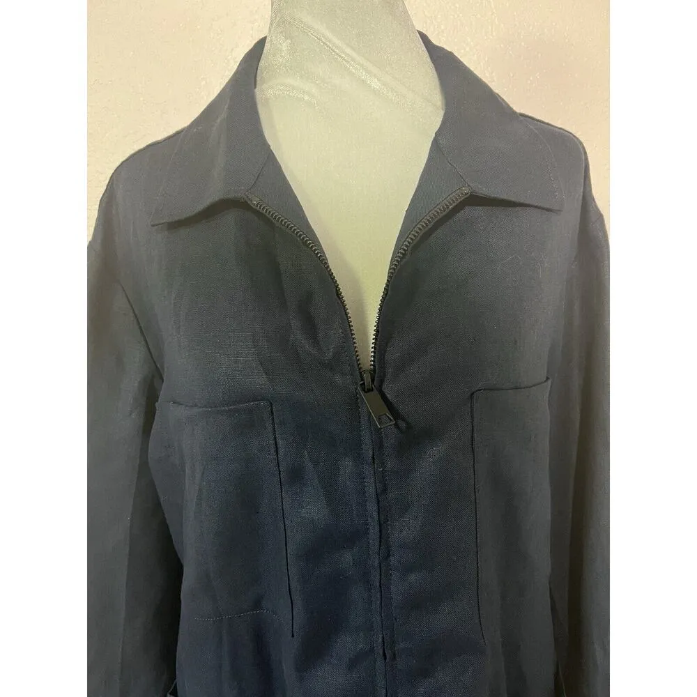 Massimo Dutti Navy Blue Linen Longsleeve Jacket Sz M Oversized Lagenlook Pocket - Image 2