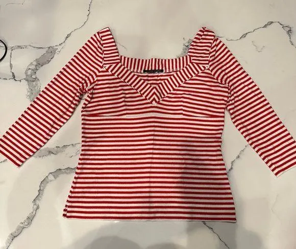 Boston Proper Red/White/metallic silver stripe 3/4 sleeve top sm-med EUC - Image 1