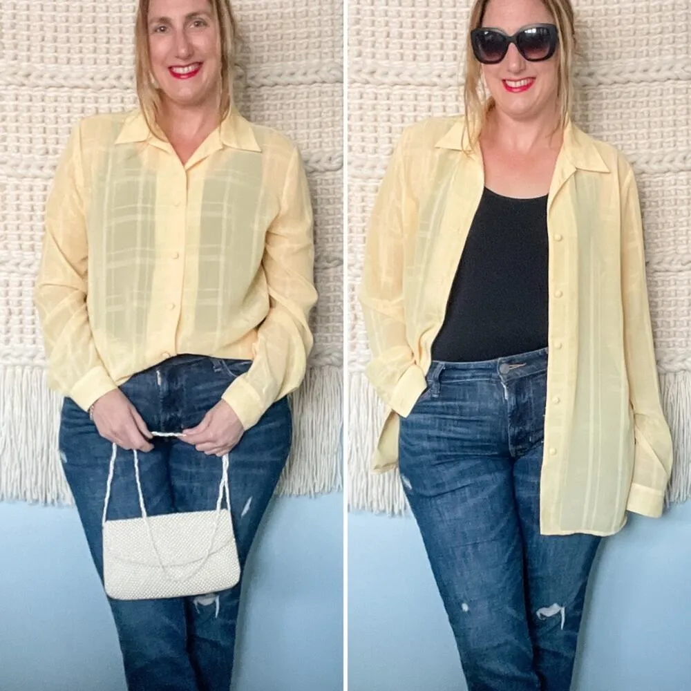 Vintage sheer windowpane plaid check oversized/tall button down blouse size XL Yellow - Image 8