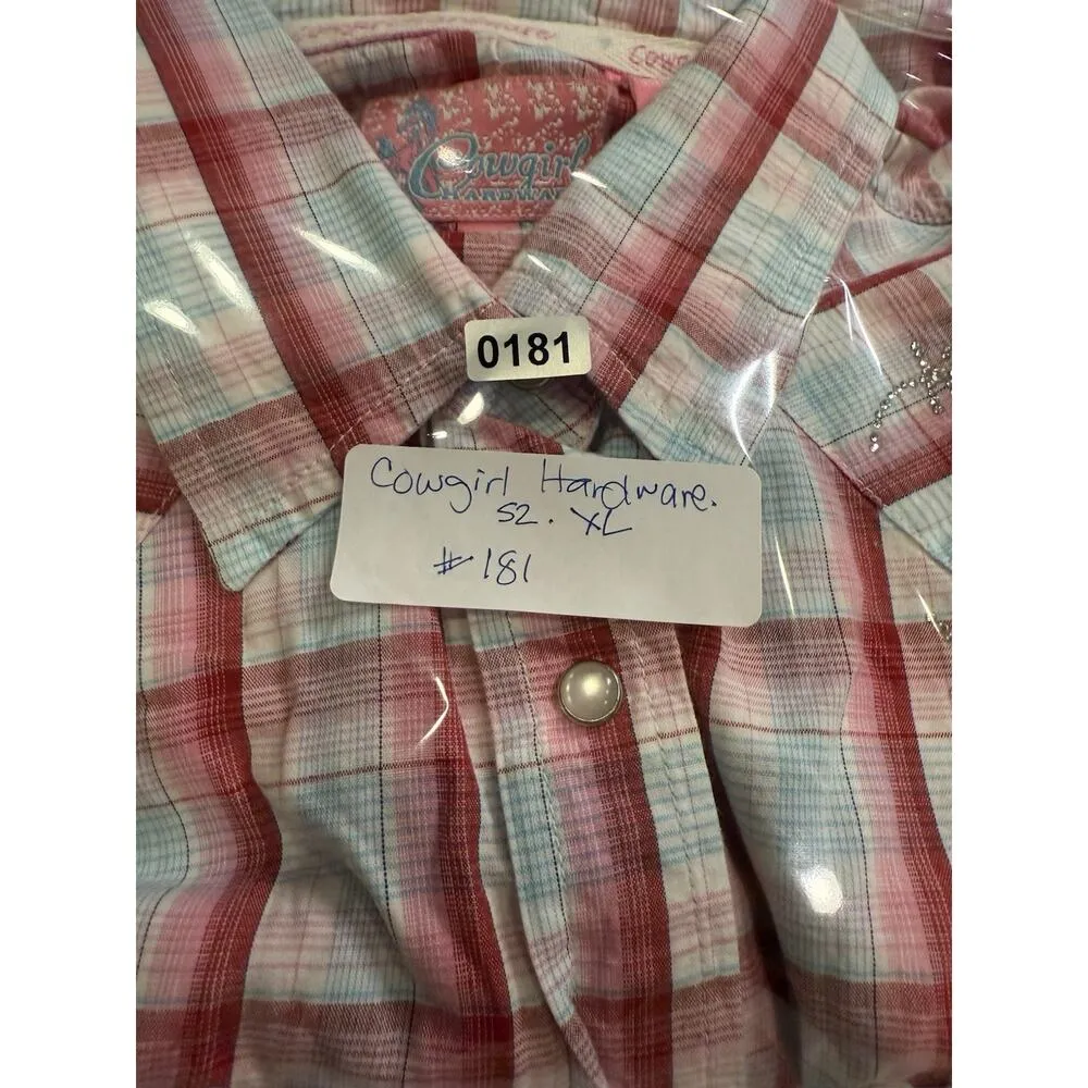 Cowgirl Hardware Pink Plaid Cotton Button Up/Collared, Bling Accents, Western XL - Image 6