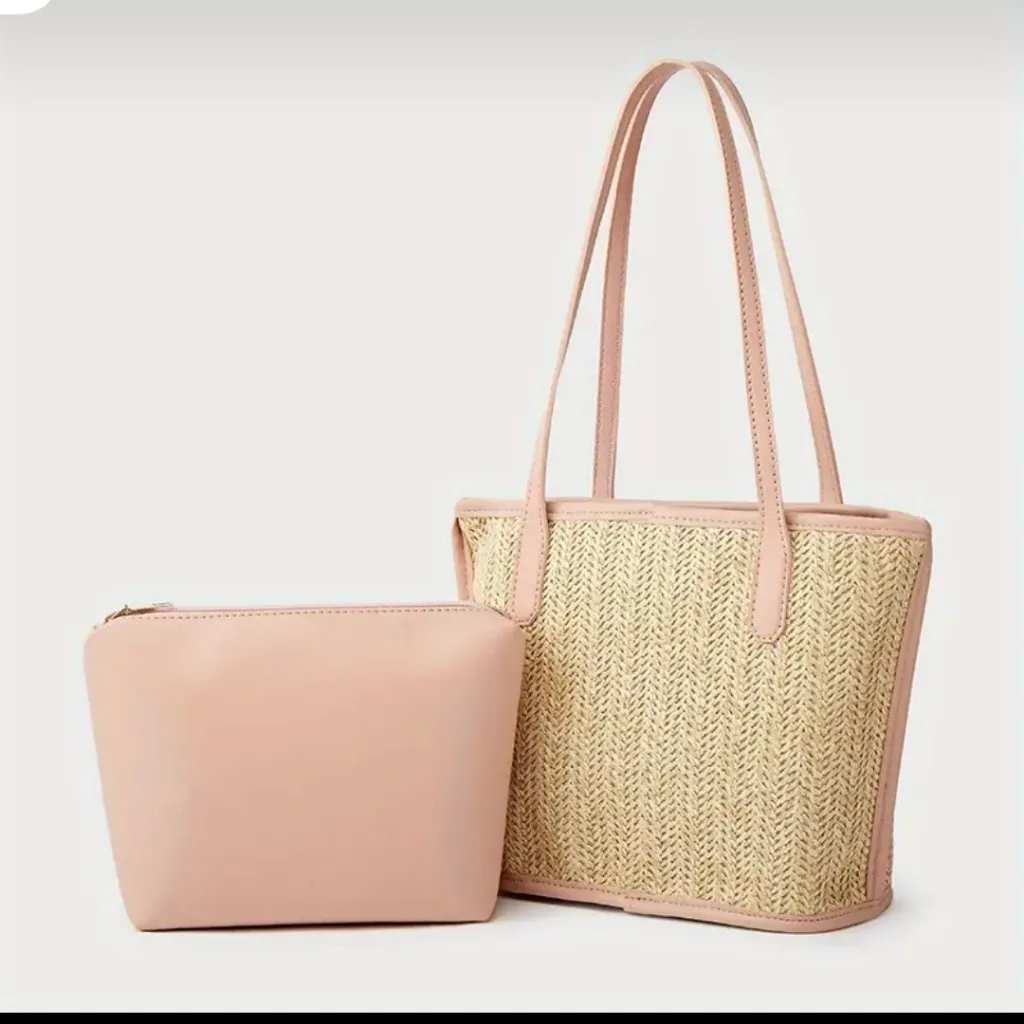Beautiful straw woven bag with purse set Pink - Image 2