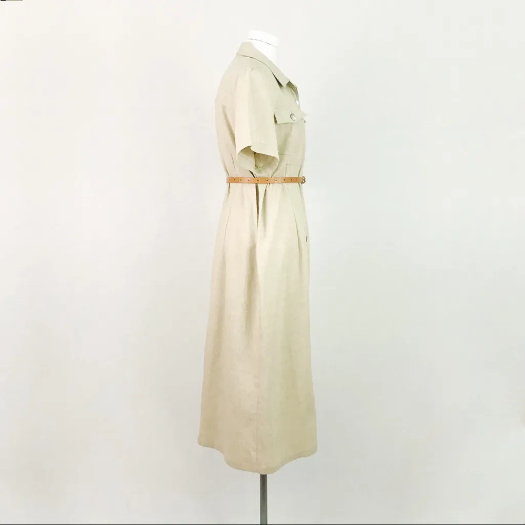 Vintage Button-Front Linen Day Dress in Beige | Size 8 - Image 7