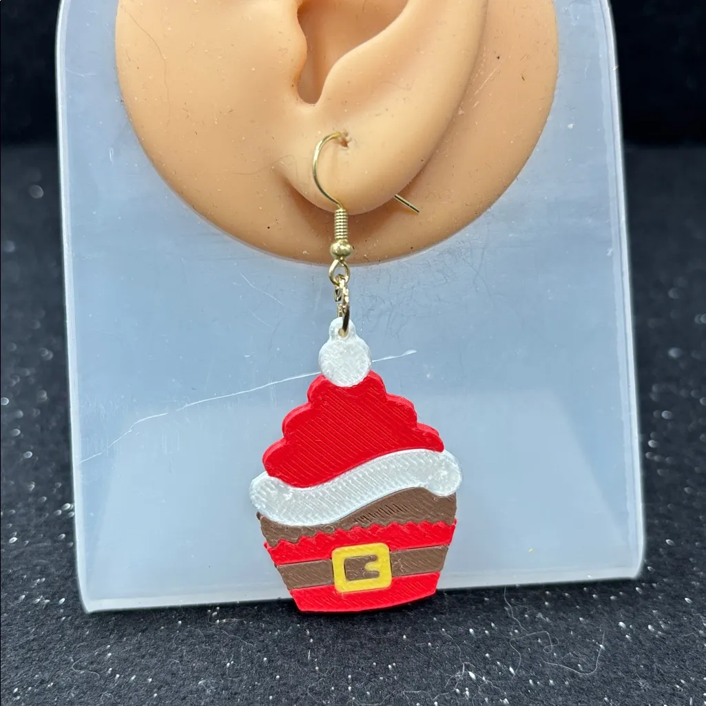 Santa Cupcake Earrings | Festive Holiday Treats | Gold Tone Accents ✨ Red - Image 2