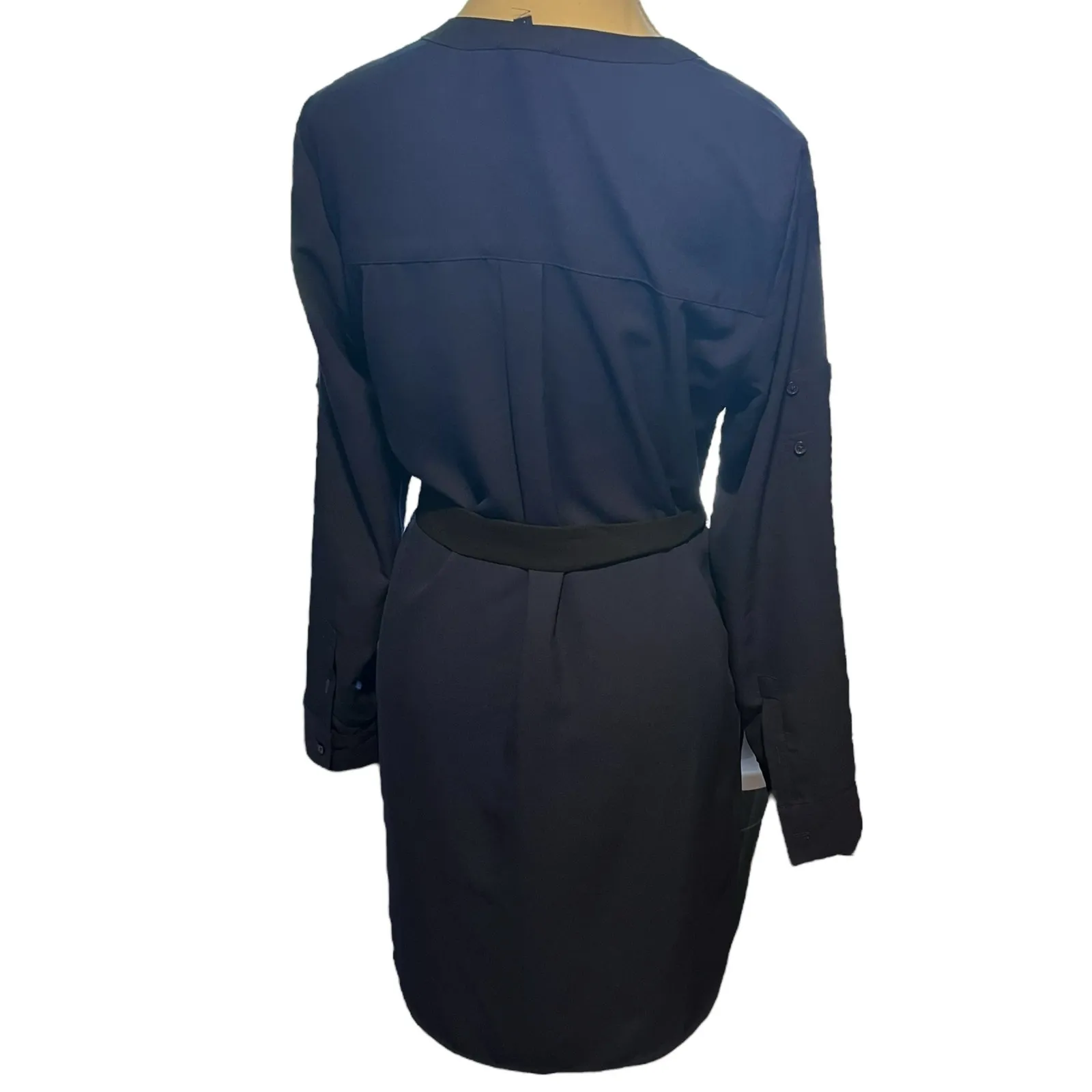 Express Sz S Roll Up Sleeve Dress Black Trim‎ Ribbon Belt Navy Business Casual - Image 3