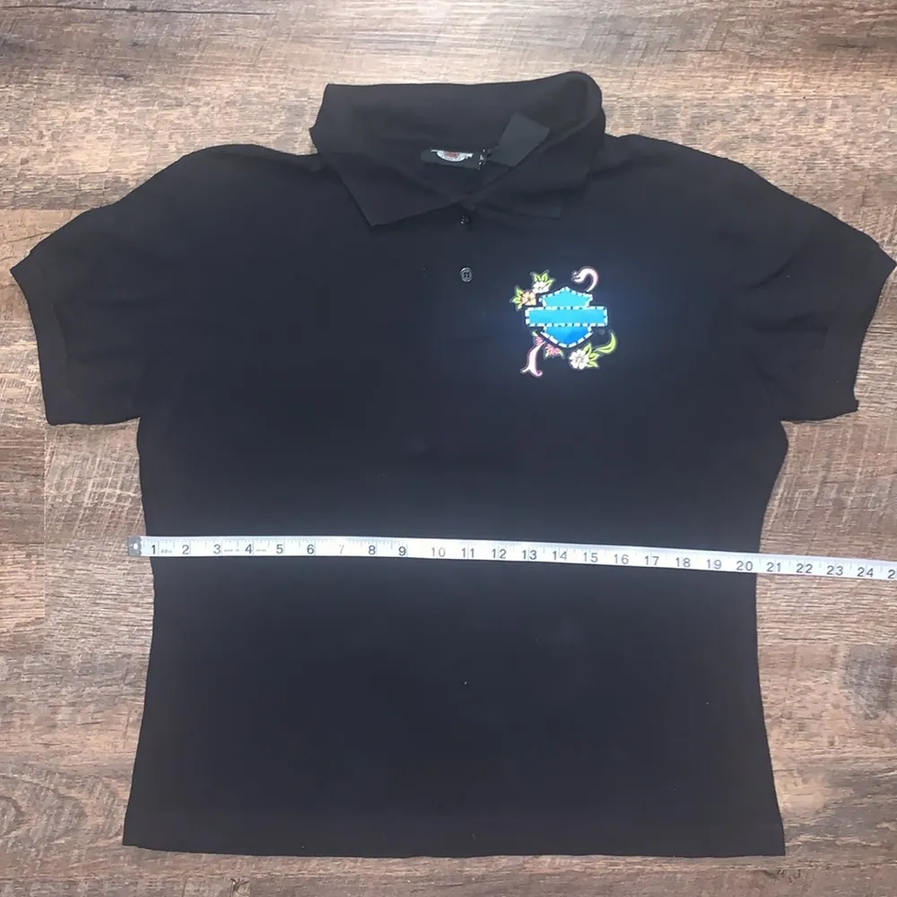 Vintage Harley Davidson Women's Rhinestone Polo Shirt Flower Sword Large Black - Image 7
