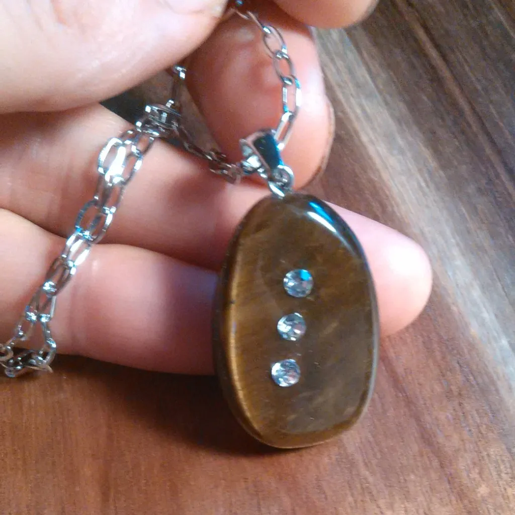 Tiger's Eye and White Austrian Crystal Stainless Steel Pendant Necklace - Image 7