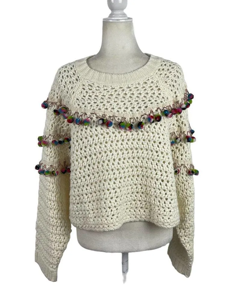 Zara Knit Chunky Pom Pom Oversized Jumper Sweater Size Small Cream - Image 3