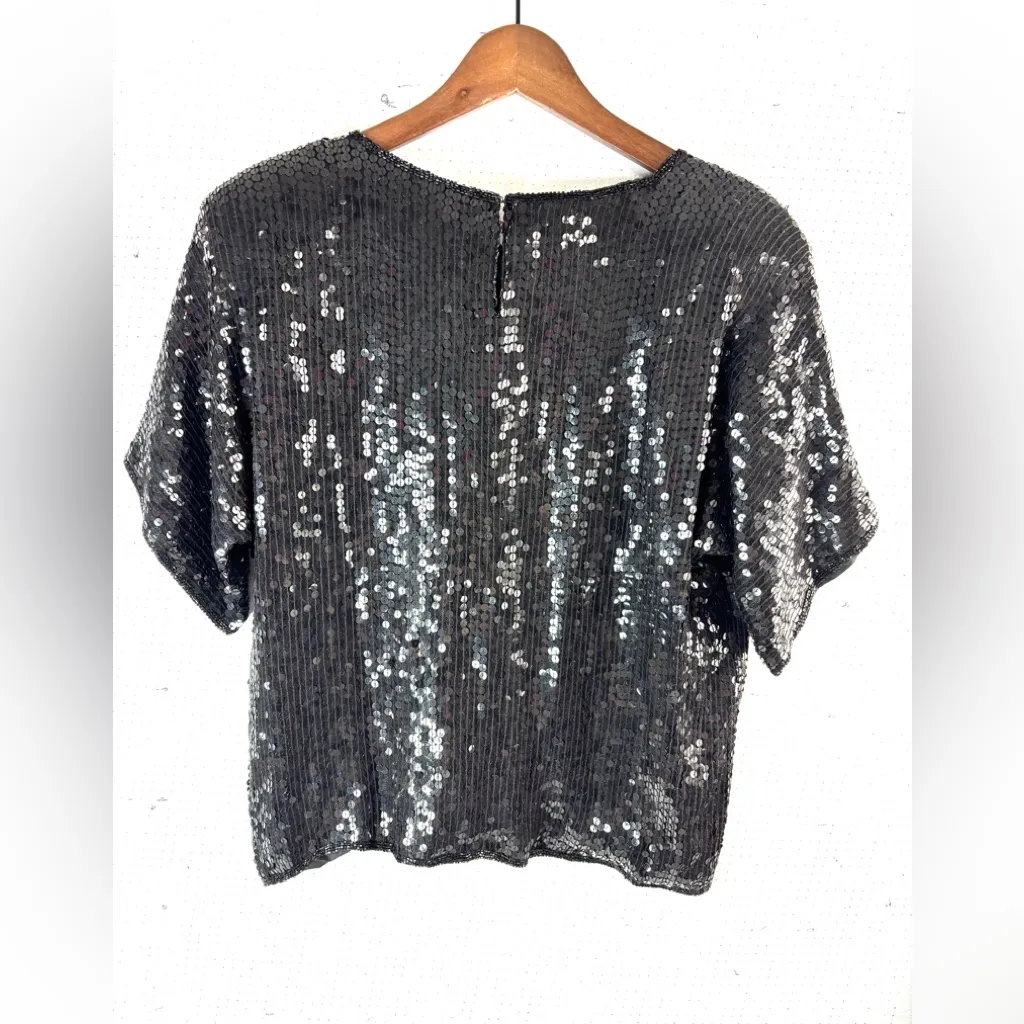 Chanson d’Amour Glam 80s Silk Black Beads Sequins Blouse Top Size L - Image 2