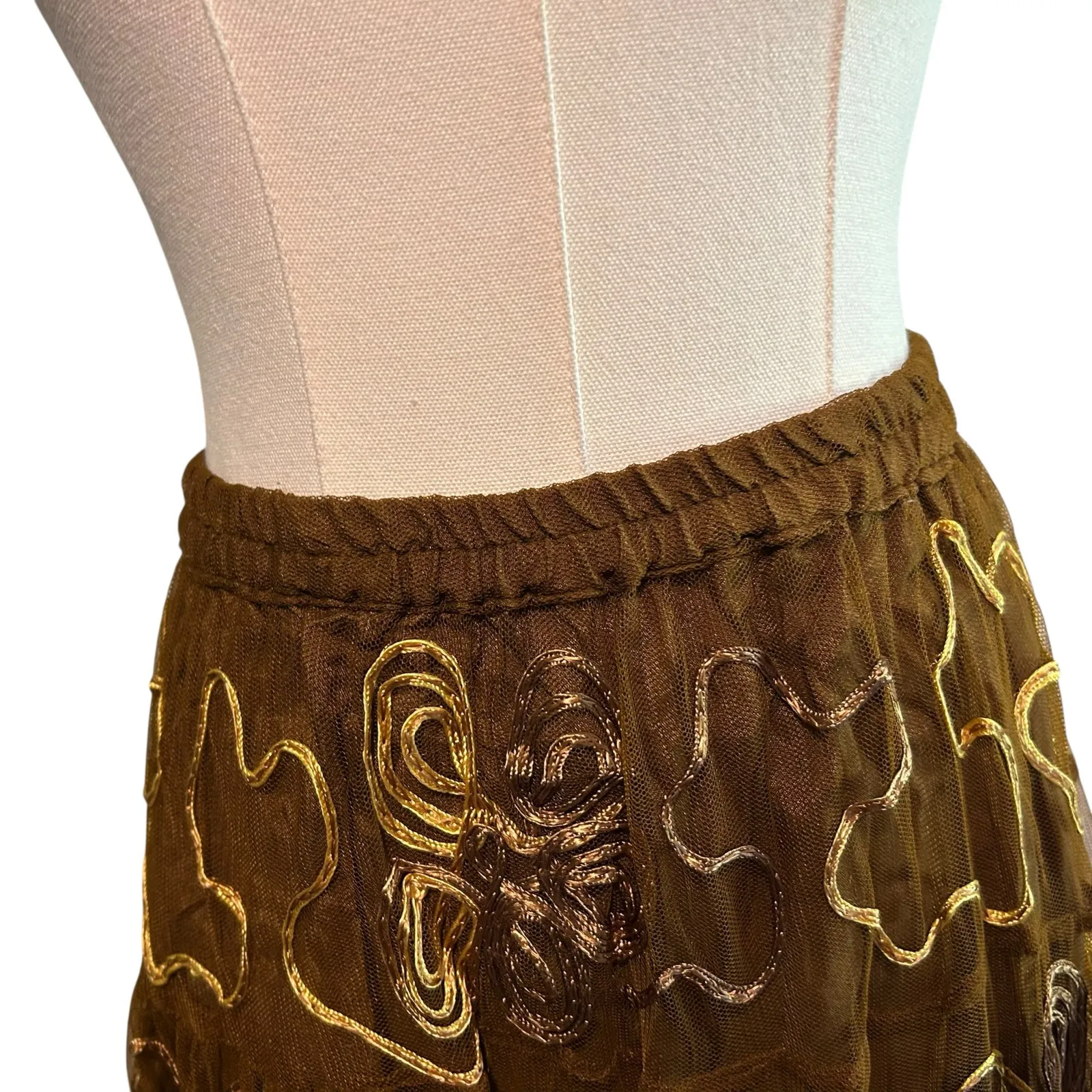 Sterling Styles Maxi Skirt Brown W/ Gold Embroidery One Size Lining Tulle Boho - Image 5