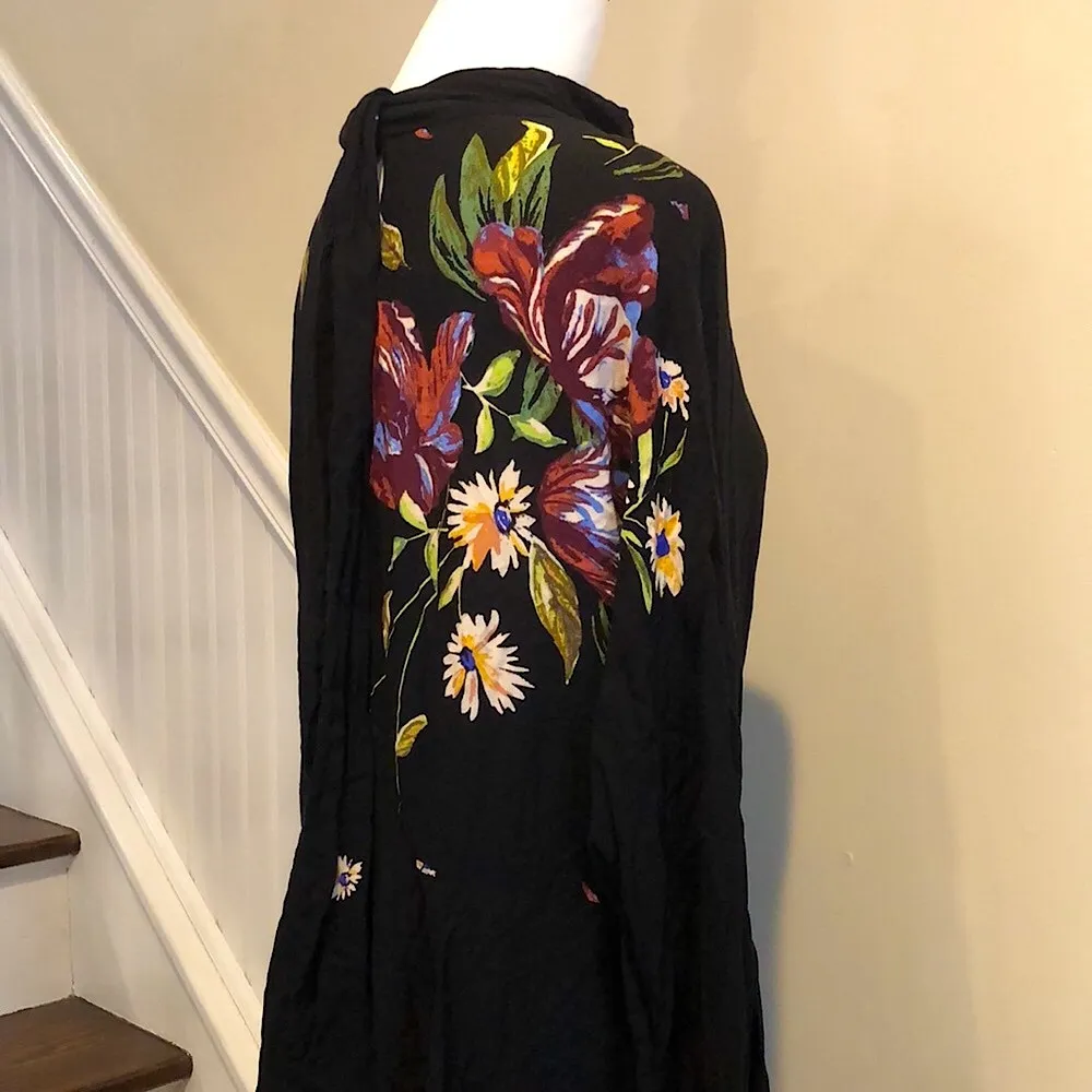 FREE PEOPLE Boho Chic Long Sleeve Black Floral MIni Dress Sz Medium NWT - Image 5
