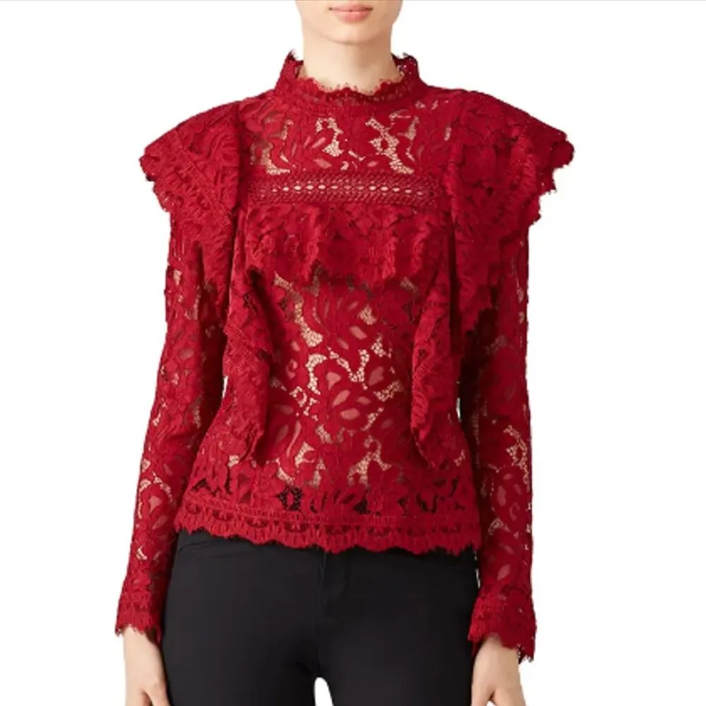 N/Nicholas Jasper Allover Lace Mockneck Frill Top in Burgundy Red Size XS - Image 4