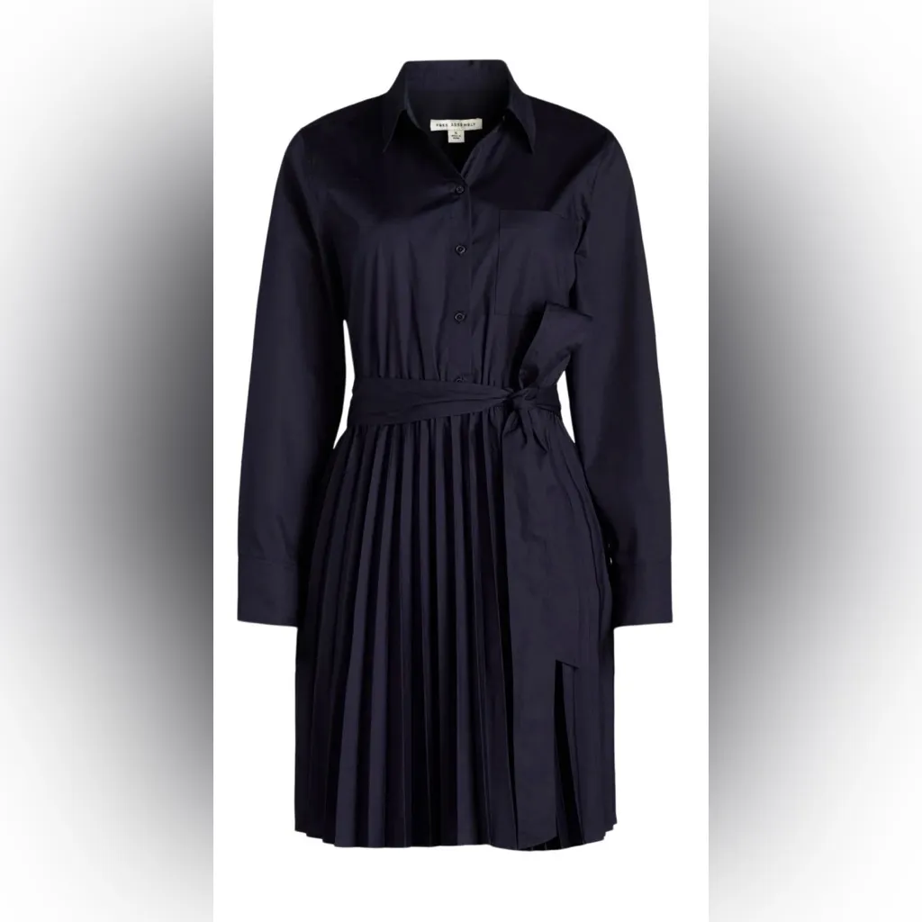 NEW Navy Blue Free Assembly Pleated Mini Shirtdress Long Sleeves Belted Dress XL - Image 7