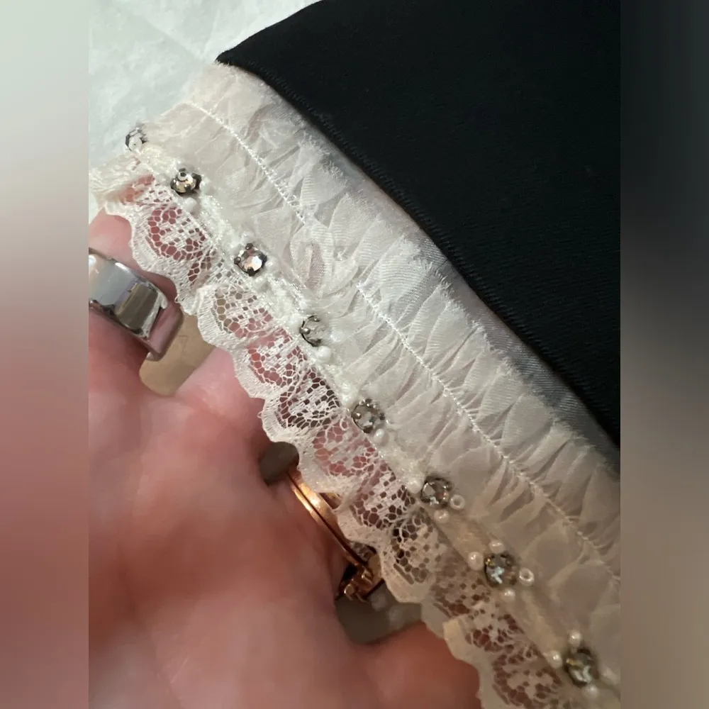 Miu Miu Black Mini Skirt with White Lace Trim and Rhinestone and Beading Small - Image 5