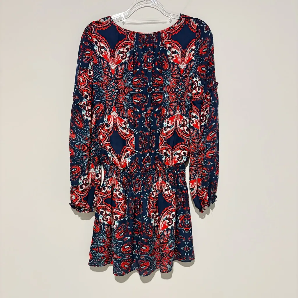 Parker Paisley Long‎ Sleeve Silk Blouson Smocked Boho Mini Dress Blue Red XS - Image 3