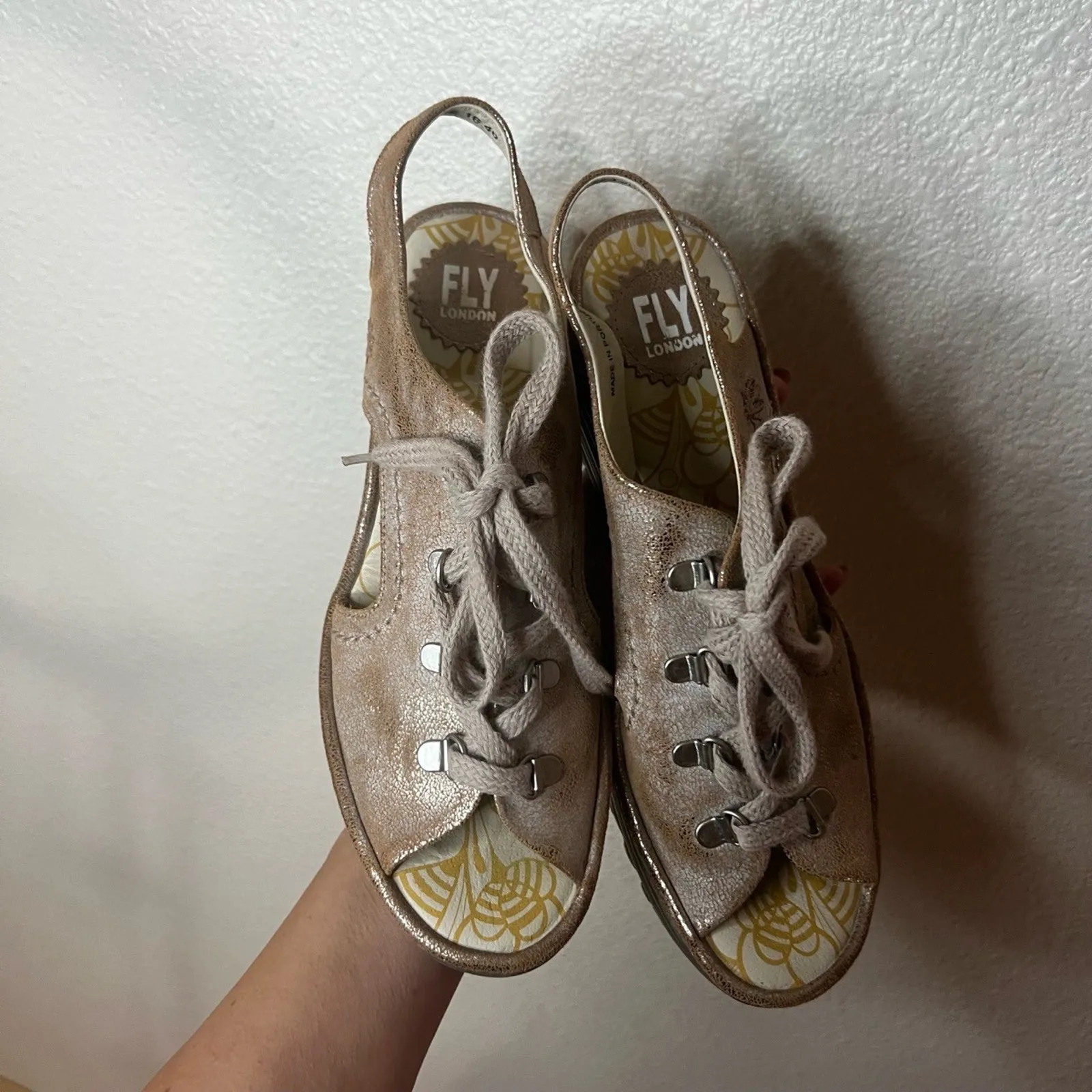 Fly London Yuta Wedge Sandals Open Toe Lace-Up Rose Gold Metallic 2.5" Heel 40 - Image 7