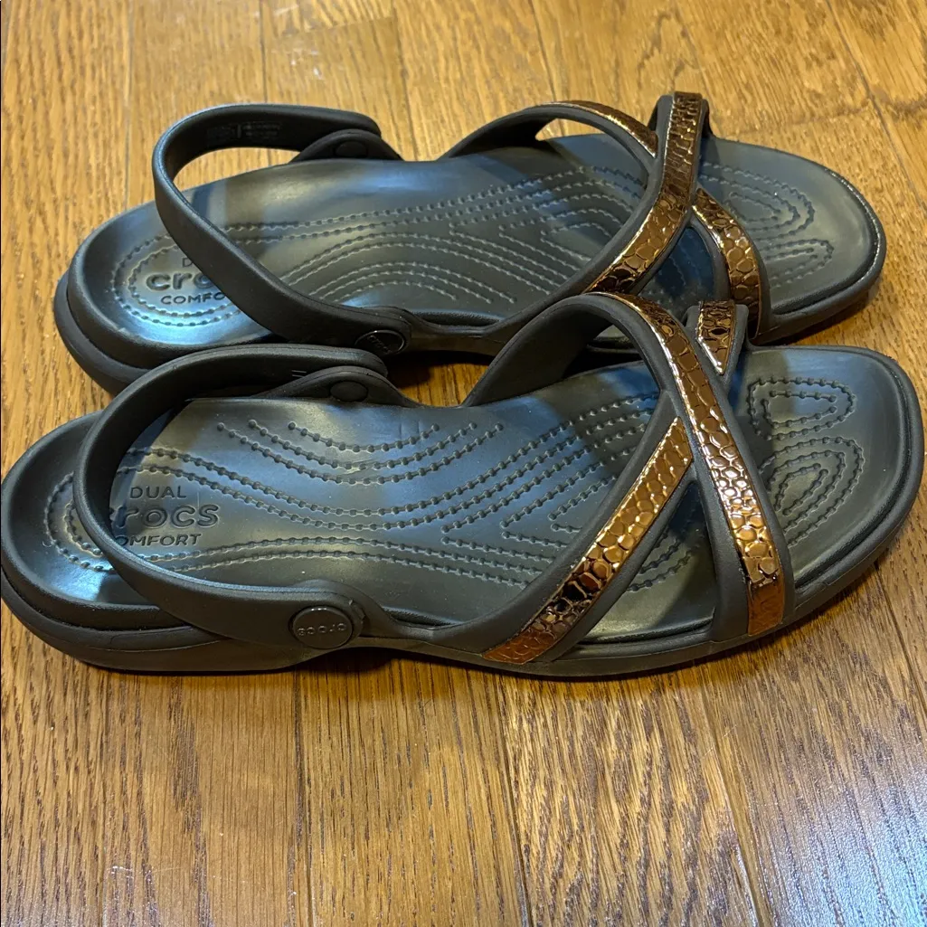 Crocs | Meleen Sandals Expresso Brown Metallic Gold Crossband Women’s Size 10 - Image 2