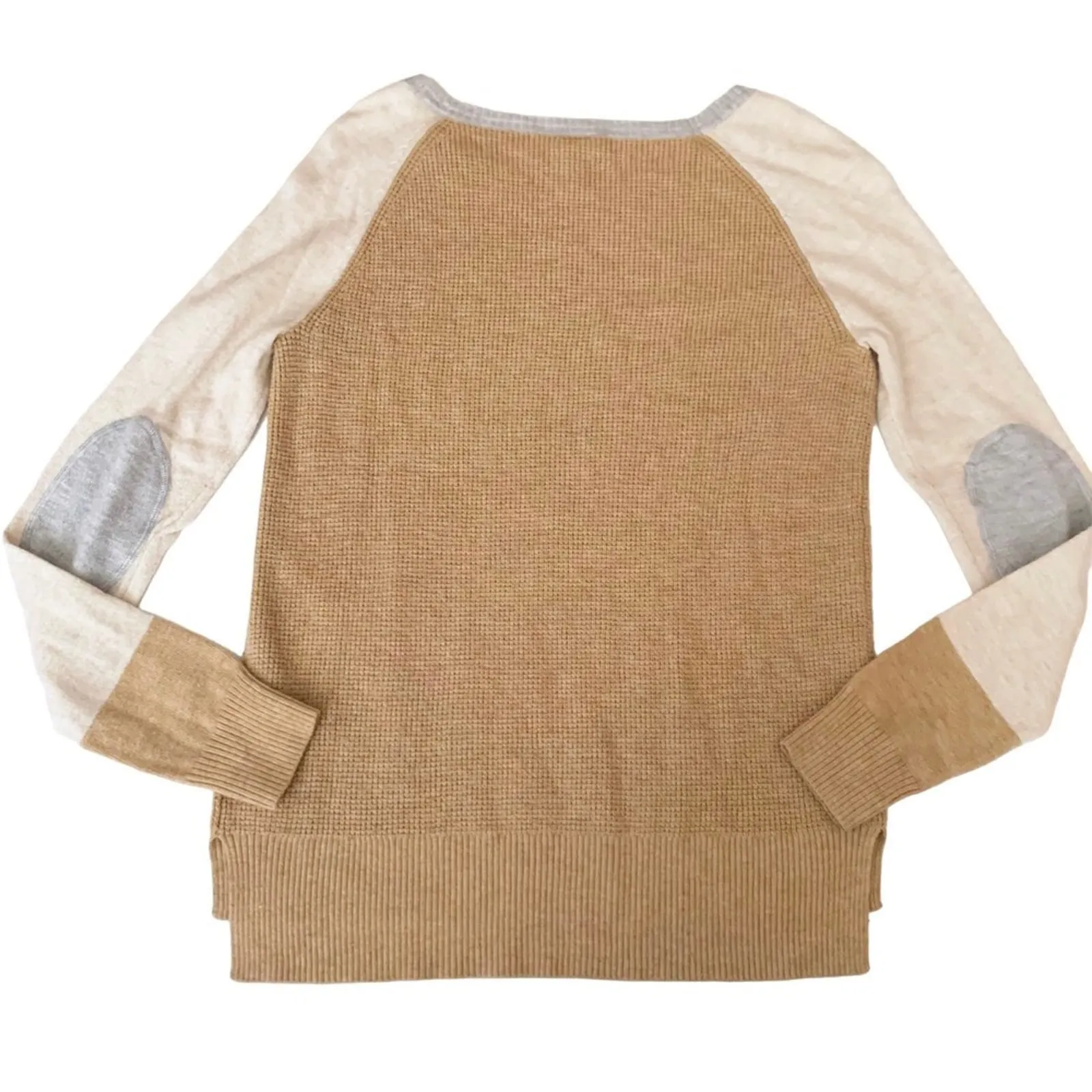 JCP Women’s M Cream Tan Wool Blend Crewneck Sweater Colorblock Elbow Patches Size M - Image 5