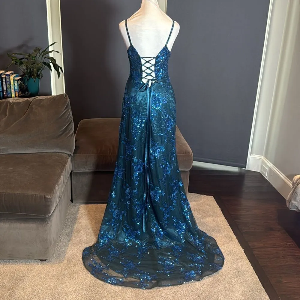 Women’s Blue/Green Mermaid Fit Prom Party Dress Sparkly Sequins Leg Slit Size 2 Blue - Image 4