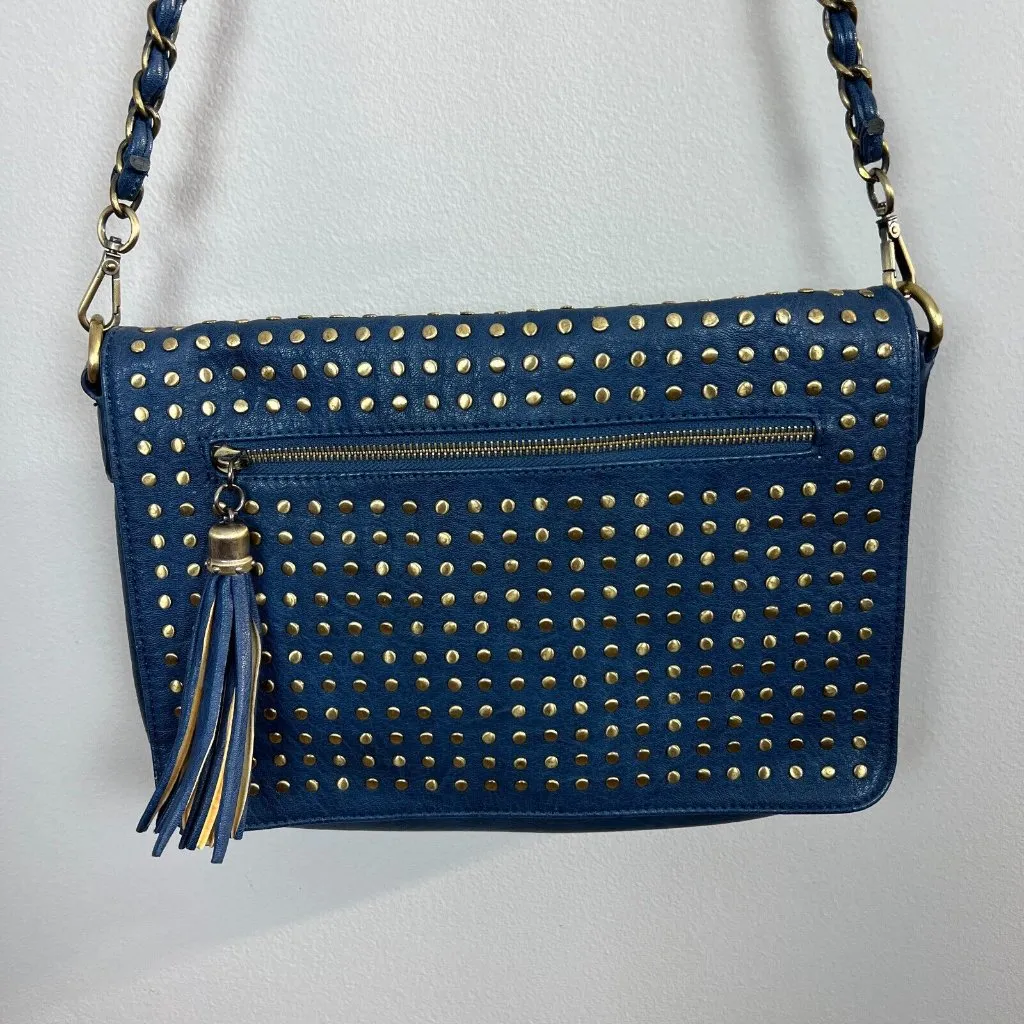 Urban Expressions Crossbody Bag Certified Vegan Leather Blue Brass Chain Studded - Image 15
