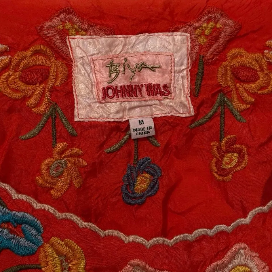 Johnny Was Biya Red Floral Embroidered Lombriga Cupra Blouse Top Size Medium - Image 4