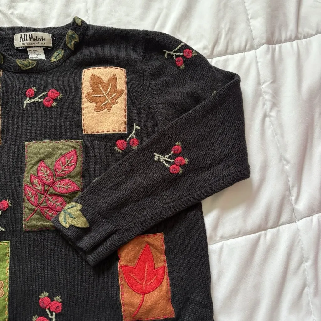 Vintage 90s Y2K Fall Autumn Sweater Womens Size Medium Pumpkin Harvest Teacher Black - Image 5