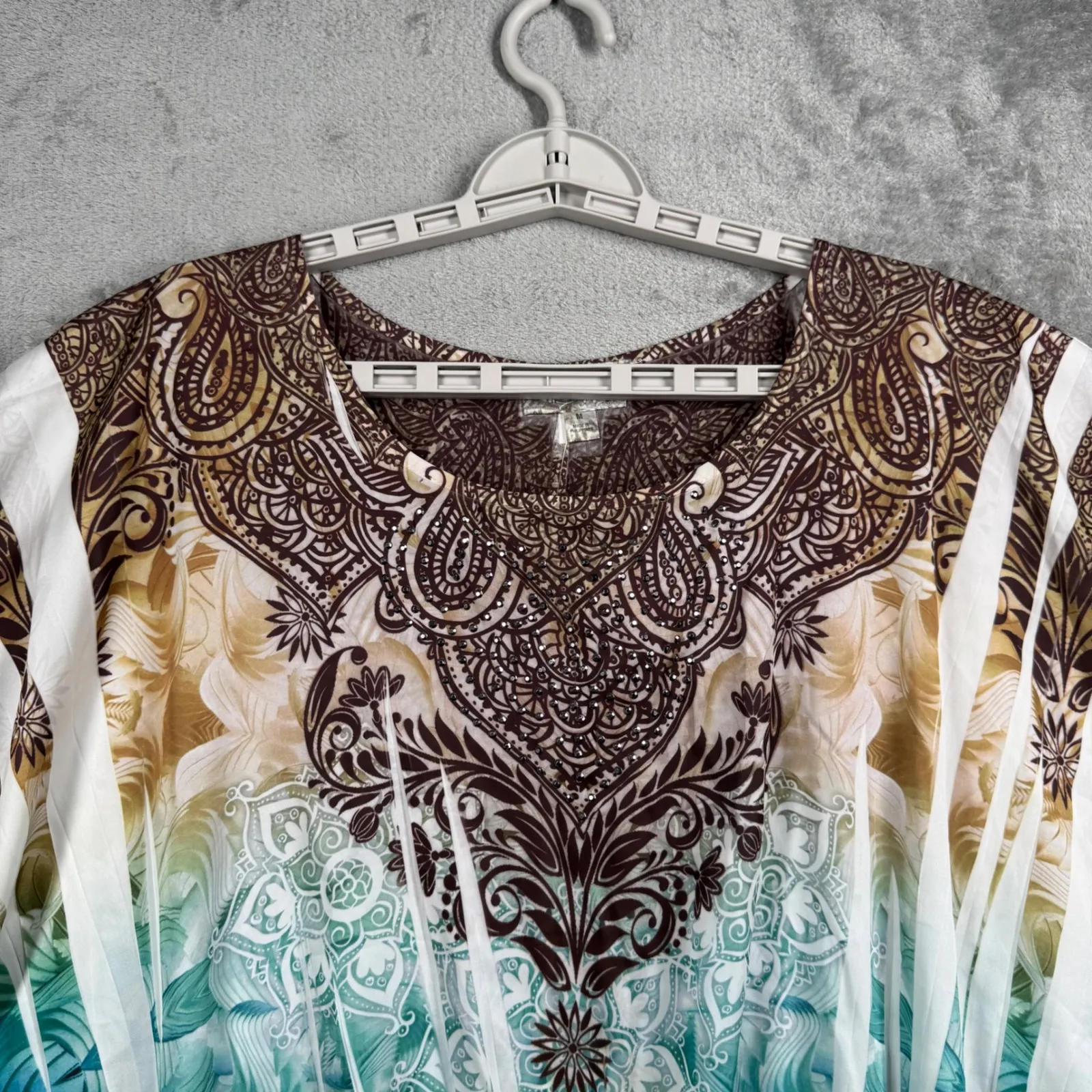 Dressbarn Blouse M Multicolor Paisley Sublimation Shimmer Beaded Boho Tunic Y2K - Image 4