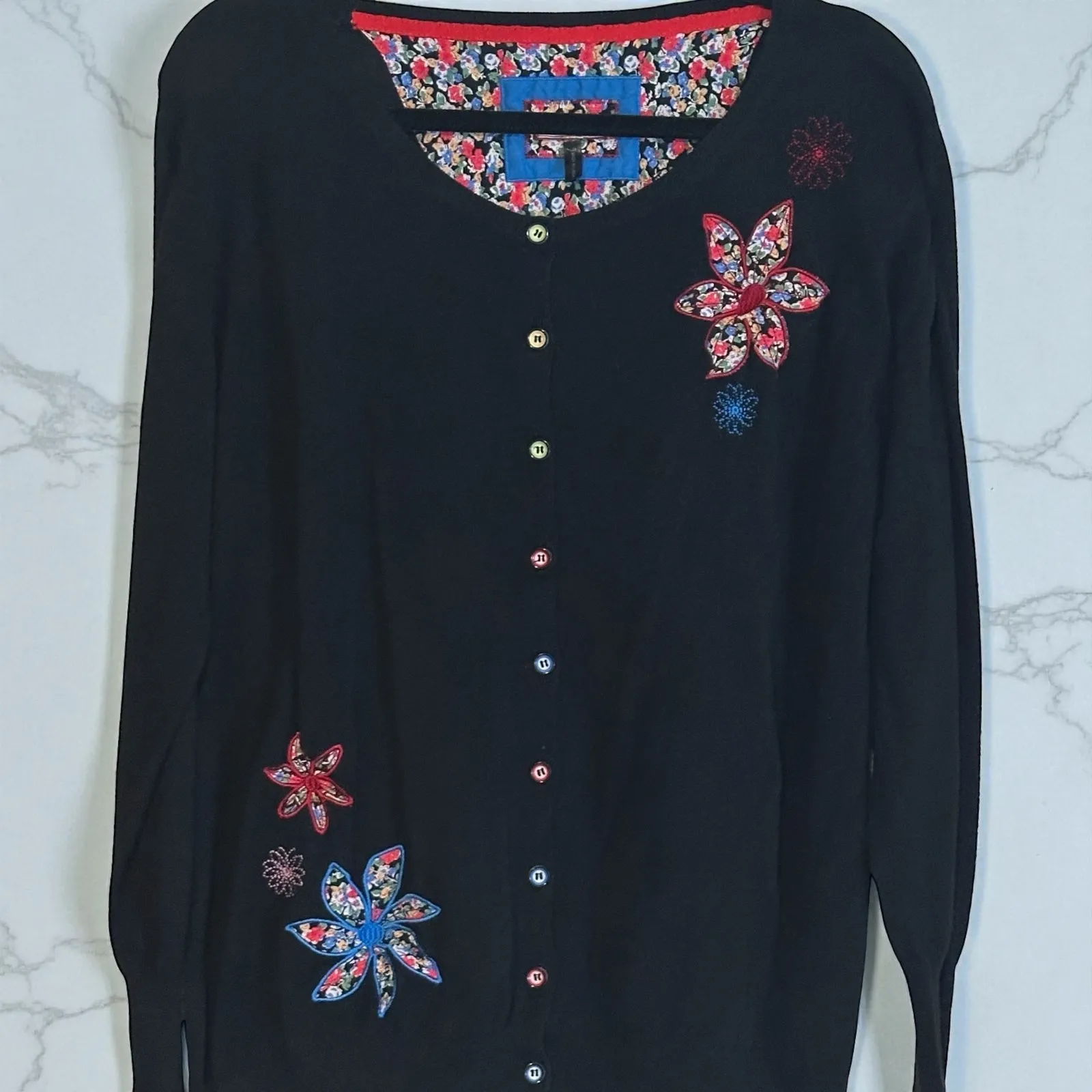 Joe Browns 22/24 Black Embroidered Floral Button Front Long Sleeve Cardigan Size 22W - Image 1