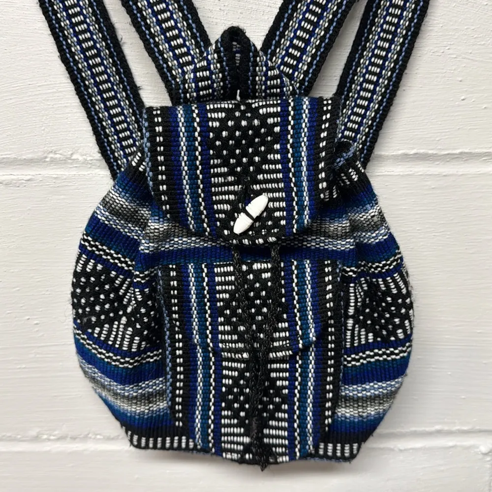 Pinzon Blue Black Woven Boho Artesonias Mexico Aztec Drawstring Mini Backpack - Image 3