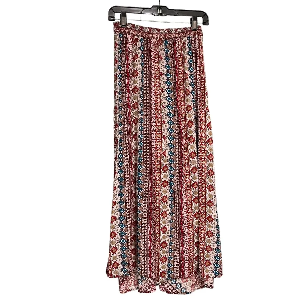 Earthbound Trading faux wrap geometric red, tan, blue boho maxi skirt, Sz M - Image 4