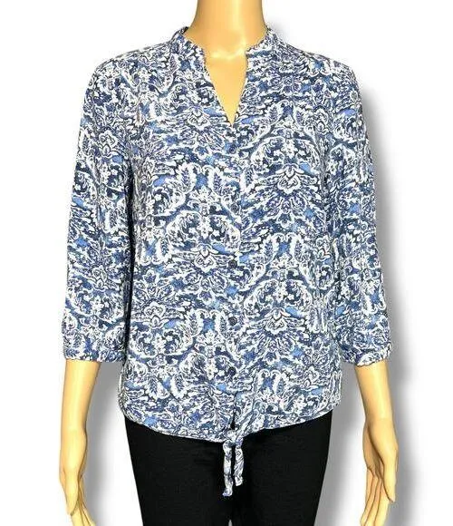 Cupio Womens Blouse Top Shirt Floral Print Button Down Tie Hem Blue White Medium - Image 1