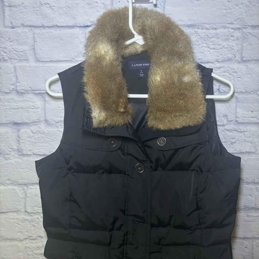 Lands' End Women's Goose Down Puffer Vest Faux Fur  Hood Small Outdoor - Image 2