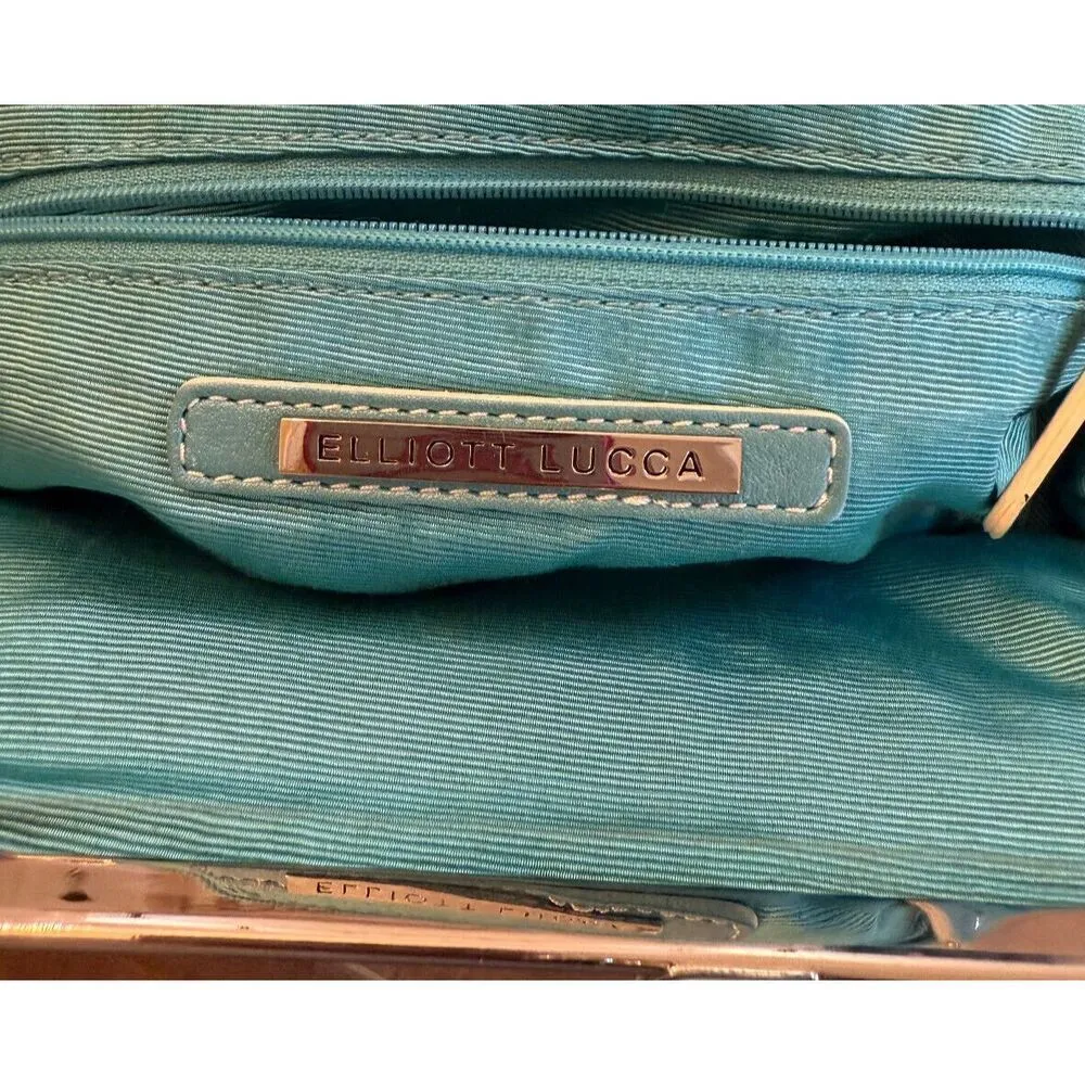 Elliot Lucca LeatherTeal Clutch Purse Handbag Kiss Lock Chain Charms - Image 5