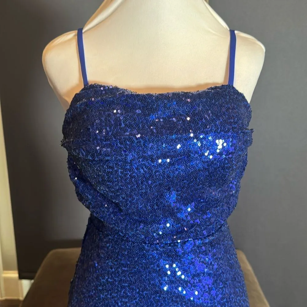 Women’s Blue Sequined Short Prom Party Homecoming Dress Ruffle Hem Size 2 NEW - Image 2