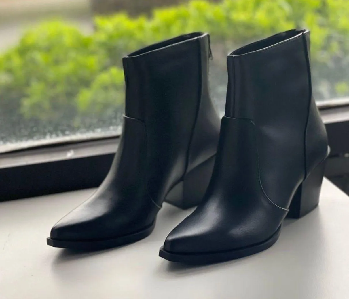 Black Almond Toe Vegan Leather Stacked Heel Bootie - Image 3