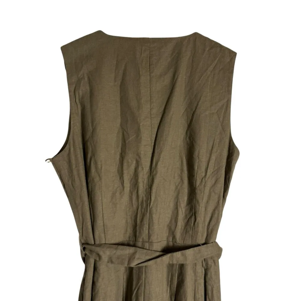 Tahari Olive Green Linen Blend Sleeveless V-Neck Belted Tie Waist Jumpsuit 4 - Image 6