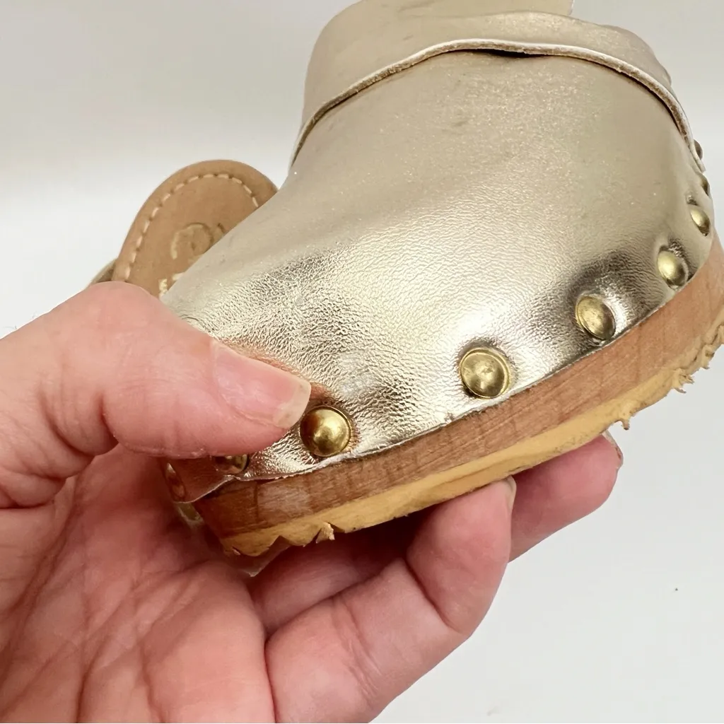 Etre Clog Gold Metallic Leather Natural Wood Base Padded Insole Italy 38 US 7 - Image 5